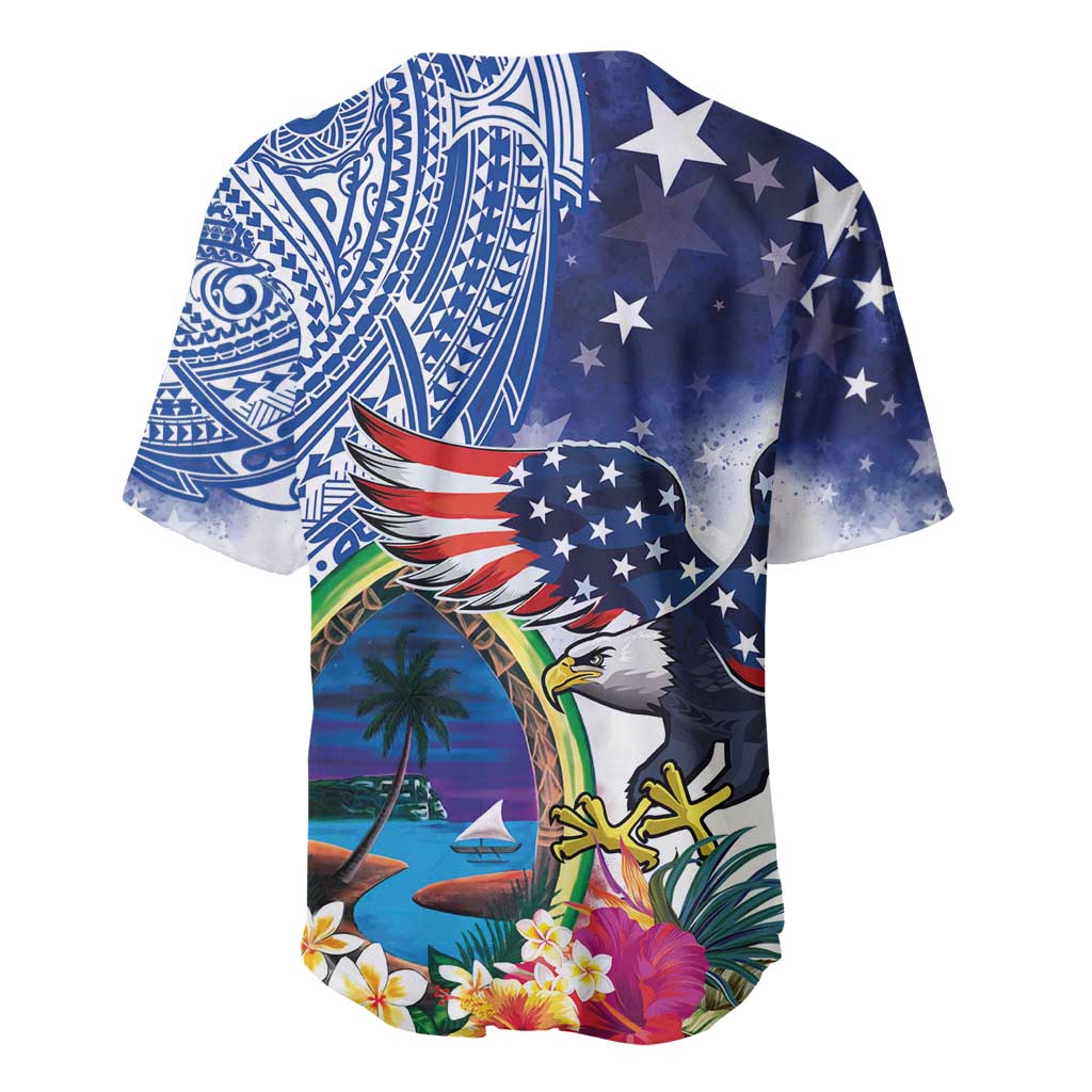 Guam and United States Together Baseball Jersey Bald Eagle and Guam Seal with Flower and Tribal Tattoos - Polynesian Pride