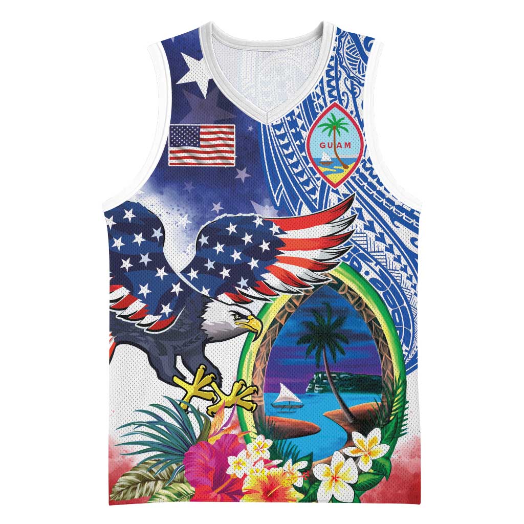 Guam and United States Together Basketball Jersey Bald Eagle and Guam Seal with Flower and Tribal Tattoos - Polynesian Pride