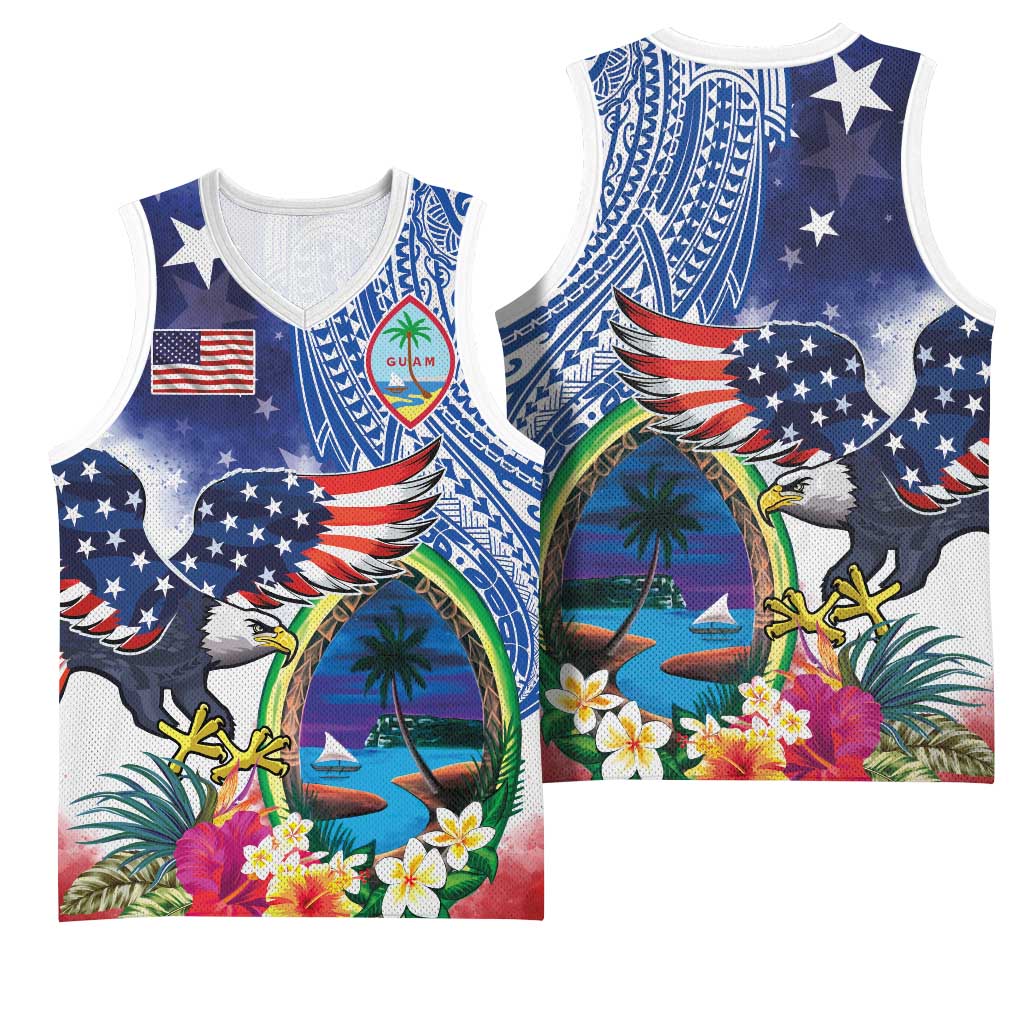 Guam and United States Together Basketball Jersey Bald Eagle and Guam Seal with Flower and Tribal Tattoos - Polynesian Pride