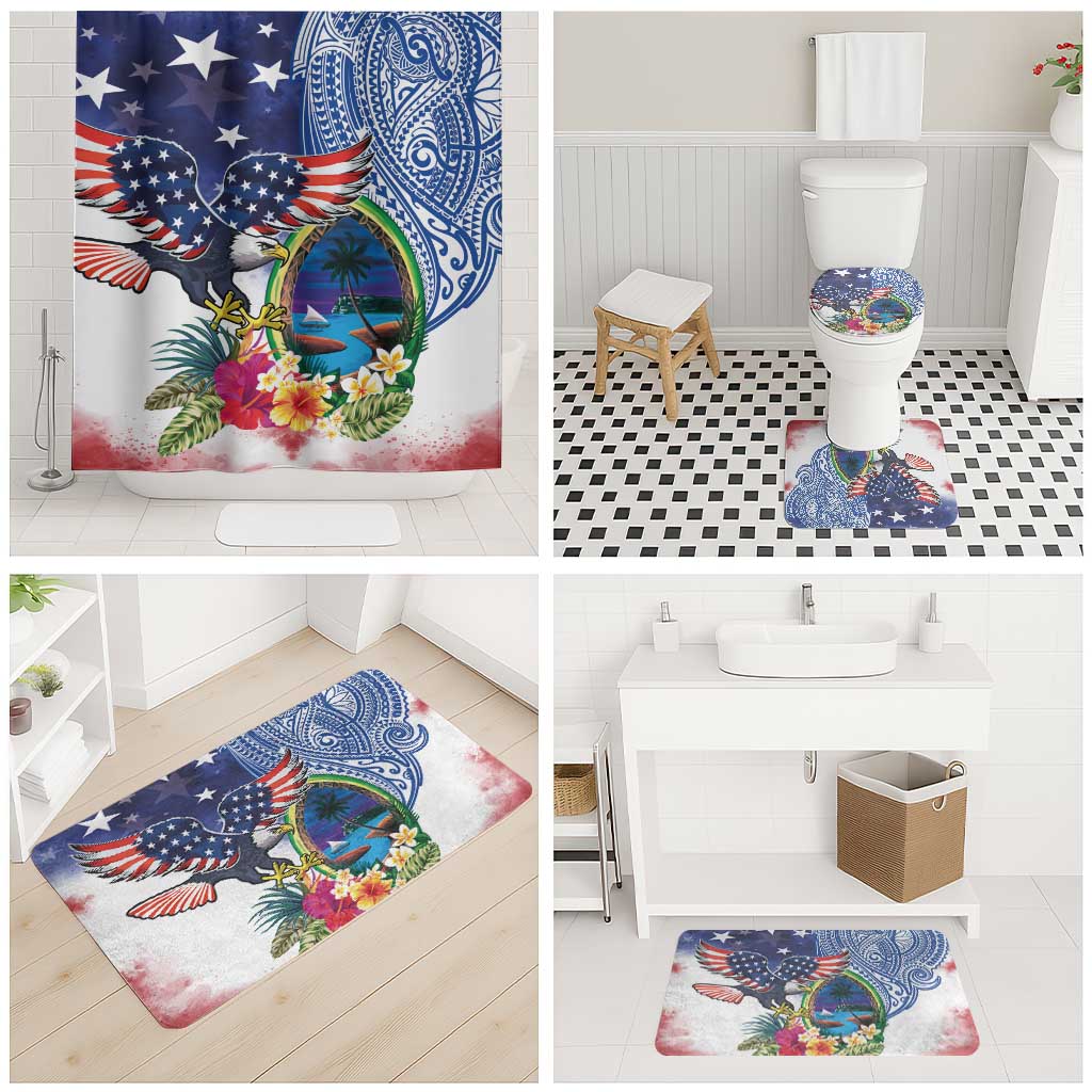 Guam and United States Together Bathroom Set Bald Eagle and Guam Seal with Flower and Tribal Tattoos - Polynesian Pride