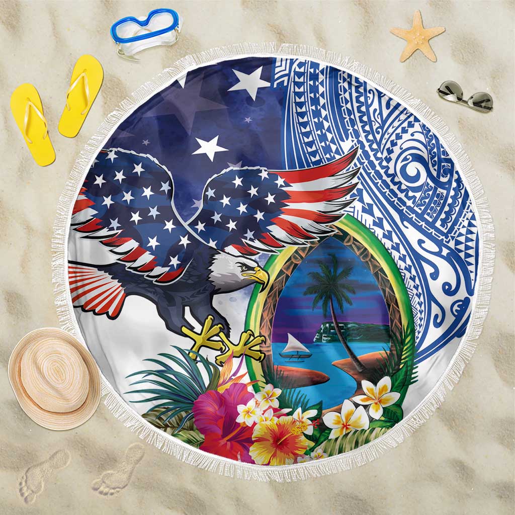 Guam and United States Together Beach Blanket Bald Eagle and Guam Seal with Flower and Tribal Tattoos - Polynesian Pride