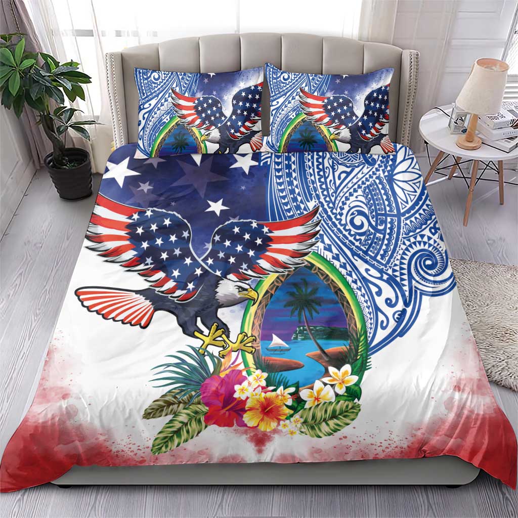 Guam and United States Together Bedding Set Bald Eagle and Guam Seal with Flower and Tribal Tattoos - Polynesian Pride