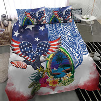 Guam and United States Together Bedding Set Bald Eagle and Guam Seal with Flower and Tribal Tattoos - Polynesian Pride