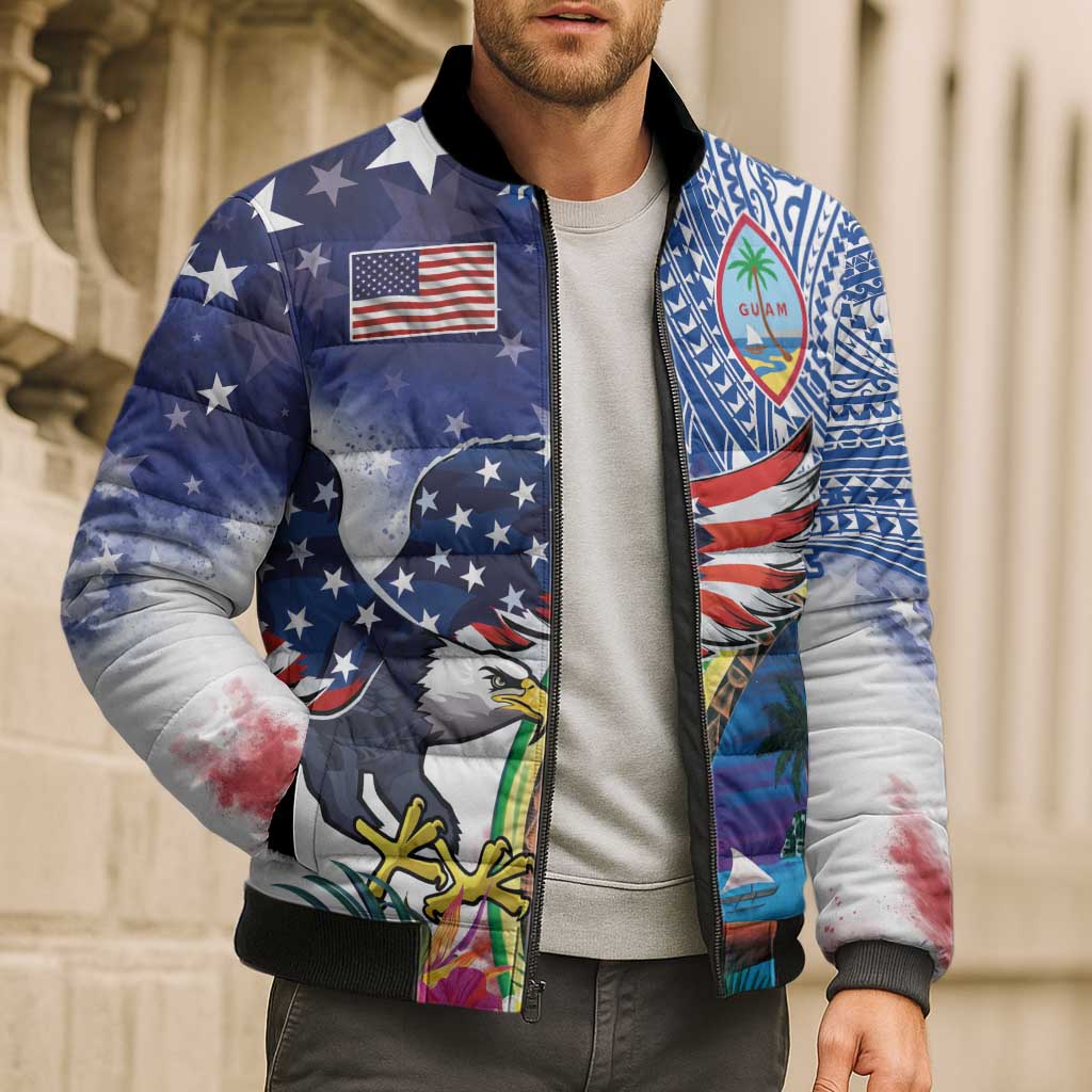 Guam and United States Together Bomber Puffer Jacket Bald Eagle and Guam Seal with Flower and Tribal Tattoos - Polynesian Pride