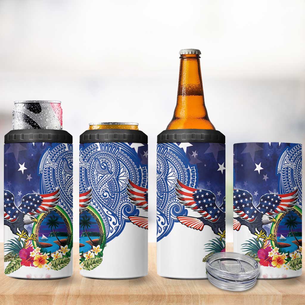 Guam and United States Together 4 in 1 Can Cooler Tumbler Bald Eagle and Guam Seal with Flower and Tribal Tattoos - Polynesian Pride