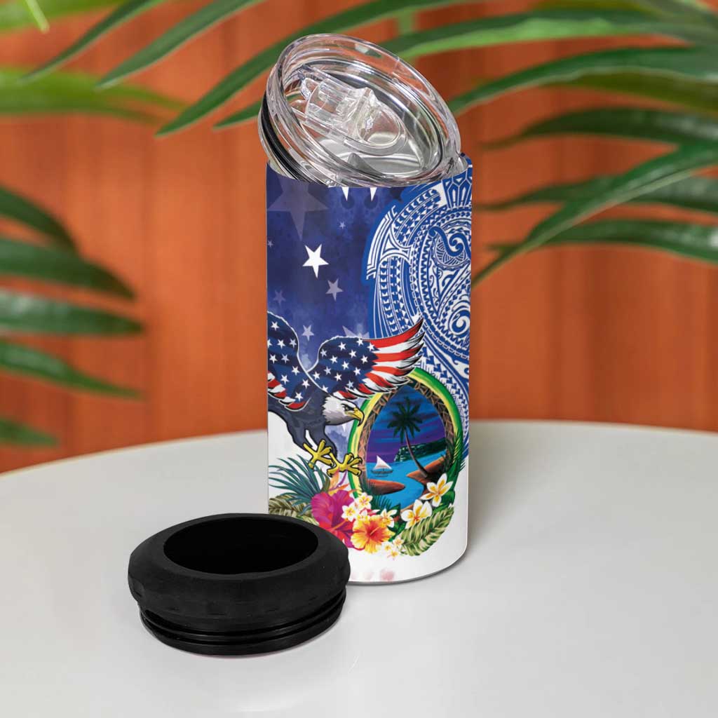 Guam and United States Together 4 in 1 Can Cooler Tumbler Bald Eagle and Guam Seal with Flower and Tribal Tattoos - Polynesian Pride