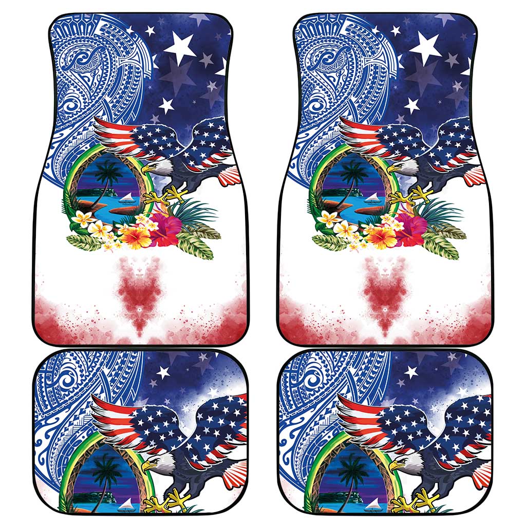 Guam and United States Together Car Mats Bald Eagle and Guam Seal with Flower and Tribal Tattoos - Polynesian Pride