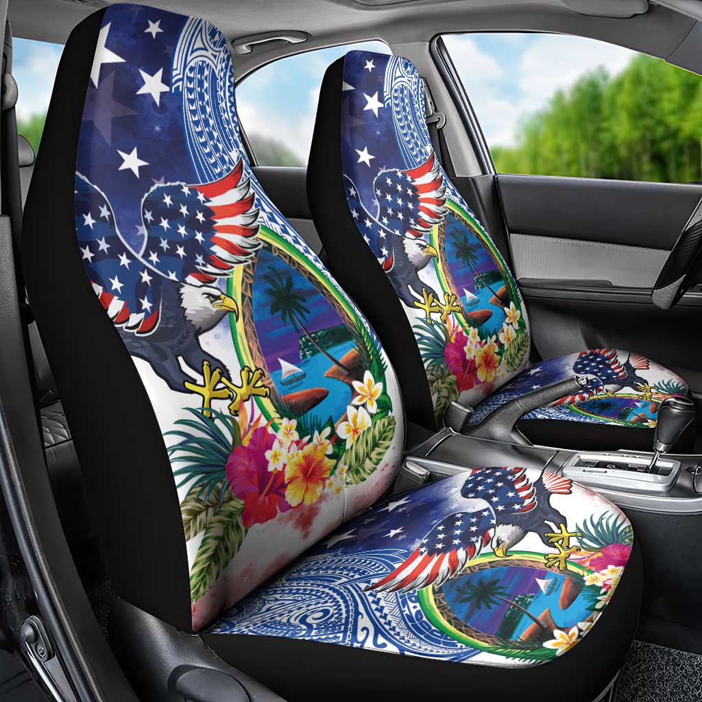 Guam and United States Together Car Seat Cover Bald Eagle and Guam Seal with Flower and Tribal Tattoos - Polynesian Pride