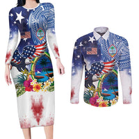 Guam and United States Together Couples Matching Long Sleeve Bodycon Dress and Long Sleeve Button Shirt Bald Eagle and Guam Seal with Flower and Tribal Tattoos - Polynesian Pride