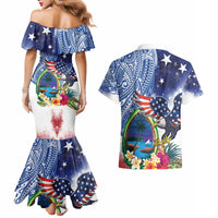 Guam and United States Together Couples Matching Mermaid Dress and Hawaiian Shirt Bald Eagle and Guam Seal with Flower and Tribal Tattoos - Polynesian Pride