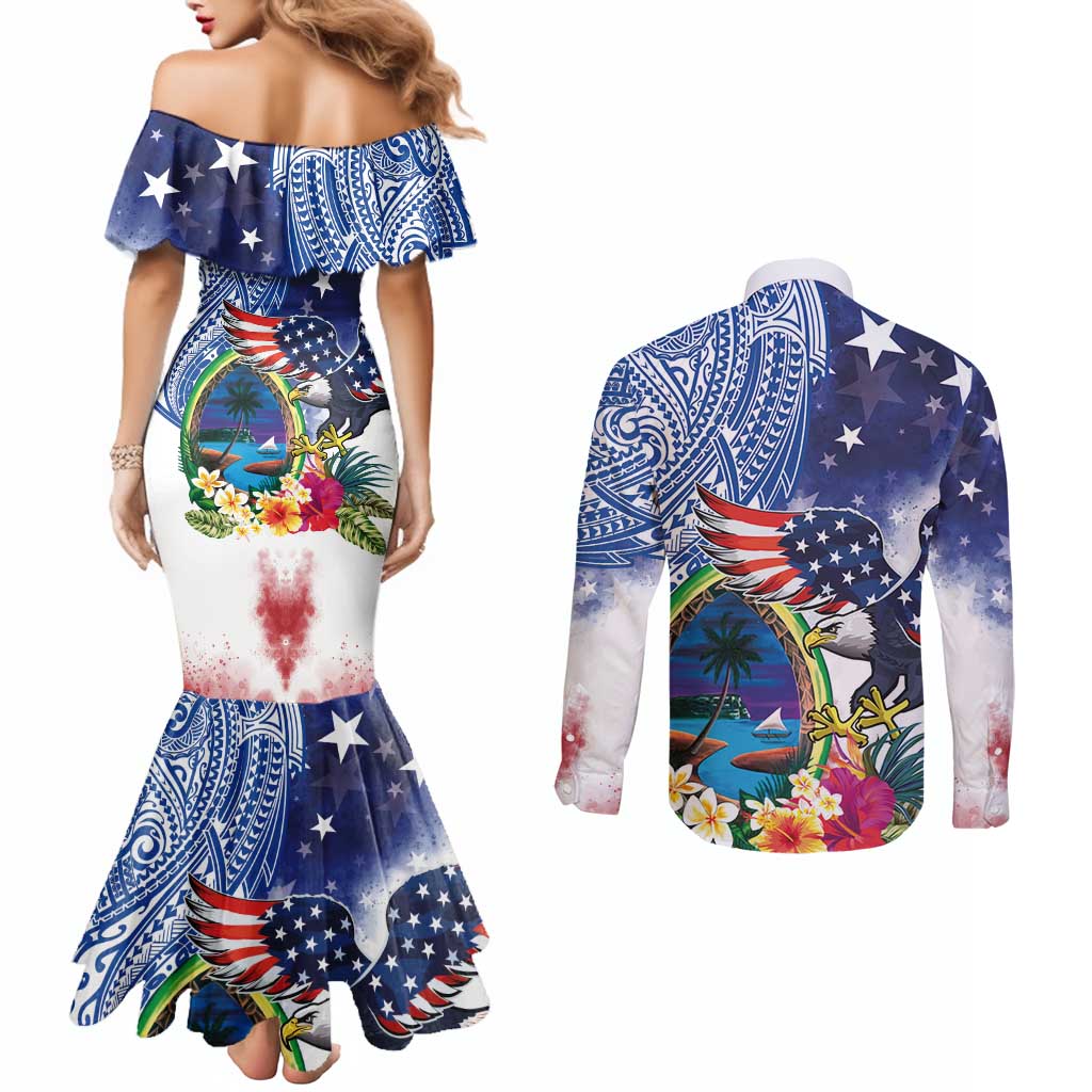Guam and United States Together Couples Matching Mermaid Dress and Long Sleeve Button Shirt Bald Eagle and Guam Seal with Flower and Tribal Tattoos - Polynesian Pride