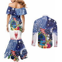Guam and United States Together Couples Matching Mermaid Dress and Long Sleeve Button Shirt Bald Eagle and Guam Seal with Flower and Tribal Tattoos - Polynesian Pride