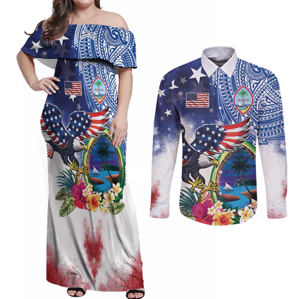 Guam and United States Together Couples Matching Off Shoulder Maxi Dress and Long Sleeve Button Shirt Bald Eagle and Guam Seal with Flower and Tribal Tattoos - Polynesian Pride