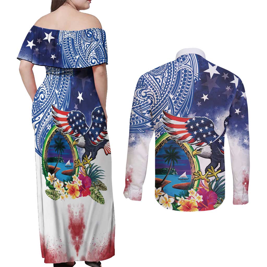 Guam and United States Together Couples Matching Off Shoulder Maxi Dress and Long Sleeve Button Shirt Bald Eagle and Guam Seal with Flower and Tribal Tattoos - Polynesian Pride
