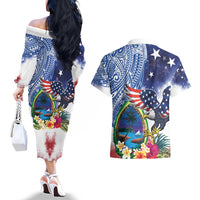 Guam and United States Together Couples Matching Off The Shoulder Long Sleeve Dress and Hawaiian Shirt Bald Eagle and Guam Seal with Flower and Tribal Tattoos - Polynesian Pride