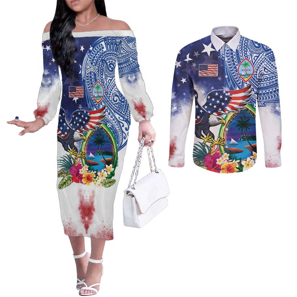 Guam and United States Together Couples Matching Off The Shoulder Long Sleeve Dress and Long Sleeve Button Shirt Bald Eagle and Guam Seal with Flower and Tribal Tattoos - Polynesian Pride