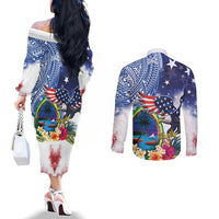 Guam and United States Together Couples Matching Off The Shoulder Long Sleeve Dress and Long Sleeve Button Shirt Bald Eagle and Guam Seal with Flower and Tribal Tattoos - Polynesian Pride