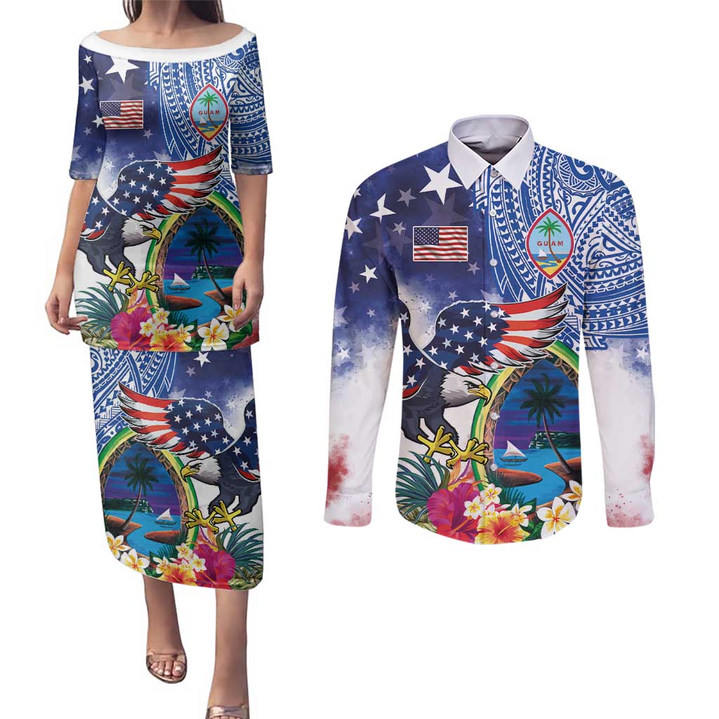 Guam and United States Together Couples Matching Puletasi and Long Sleeve Button Shirt Bald Eagle and Guam Seal with Flower and Tribal Tattoos - Polynesian Pride