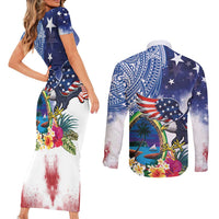 Guam and United States Together Couples Matching Short Sleeve Bodycon Dress and Long Sleeve Button Shirt Bald Eagle and Guam Seal with Flower and Tribal Tattoos - Polynesian Pride