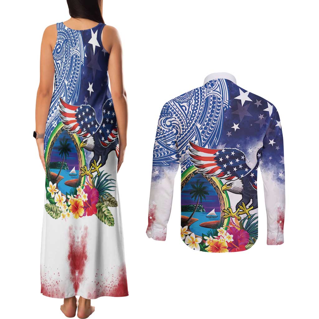 Guam and United States Together Couples Matching Tank Maxi Dress and Long Sleeve Button Shirt Bald Eagle and Guam Seal with Flower and Tribal Tattoos - Polynesian Pride