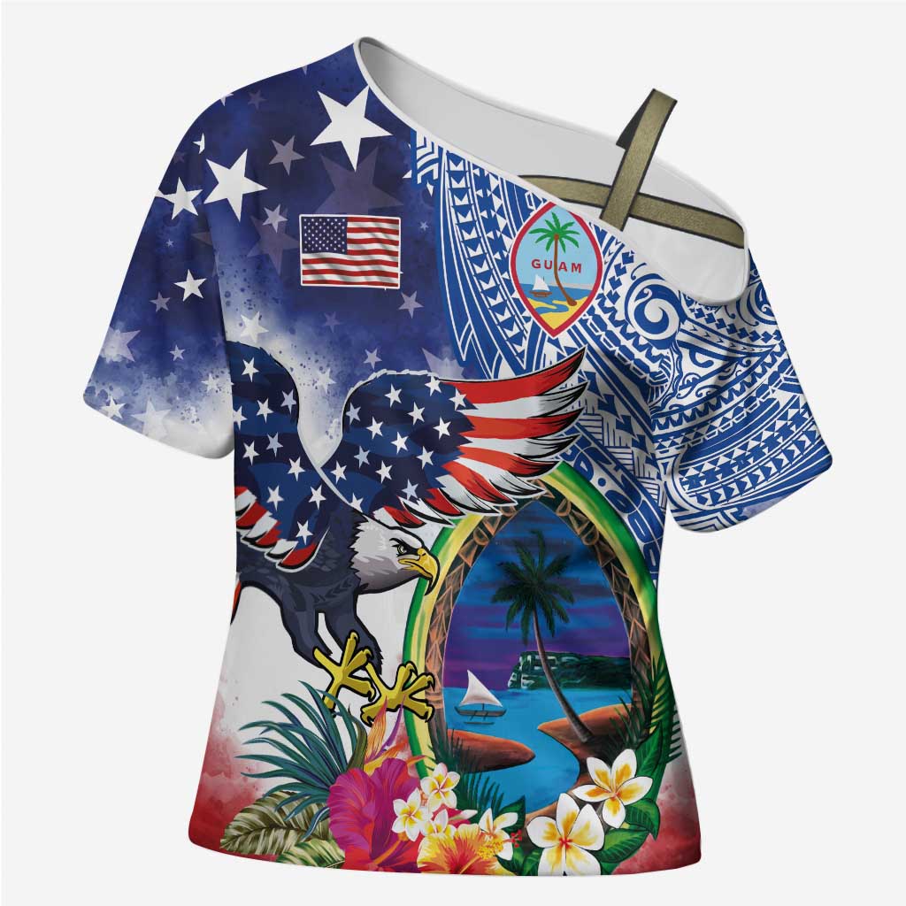 Guam and United States Together Cross Shoulder Shirt Bald Eagle and Guam Seal with Flower and Tribal Tattoos - Polynesian Pride