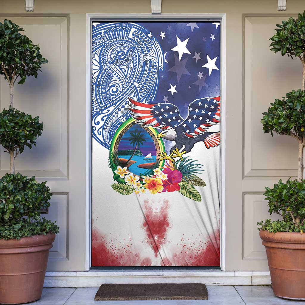 Guam and United States Together Door Cover Bald Eagle and Guam Seal with Flower and Tribal Tattoos - Polynesian Pride
