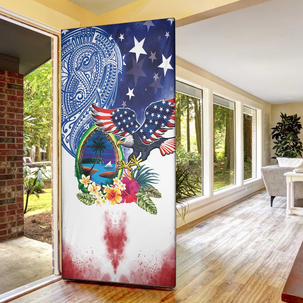 Guam and United States Together Door Cover Bald Eagle and Guam Seal with Flower and Tribal Tattoos - Polynesian Pride