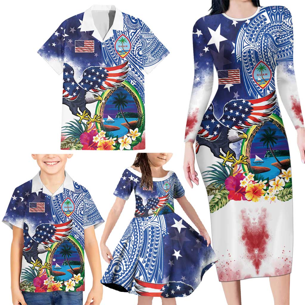 Guam and United States Together Family Matching Long Sleeve Bodycon Dress and Hawaiian Shirt Bald Eagle and Guam Seal with Flower and Tribal Tattoos - Polynesian Pride