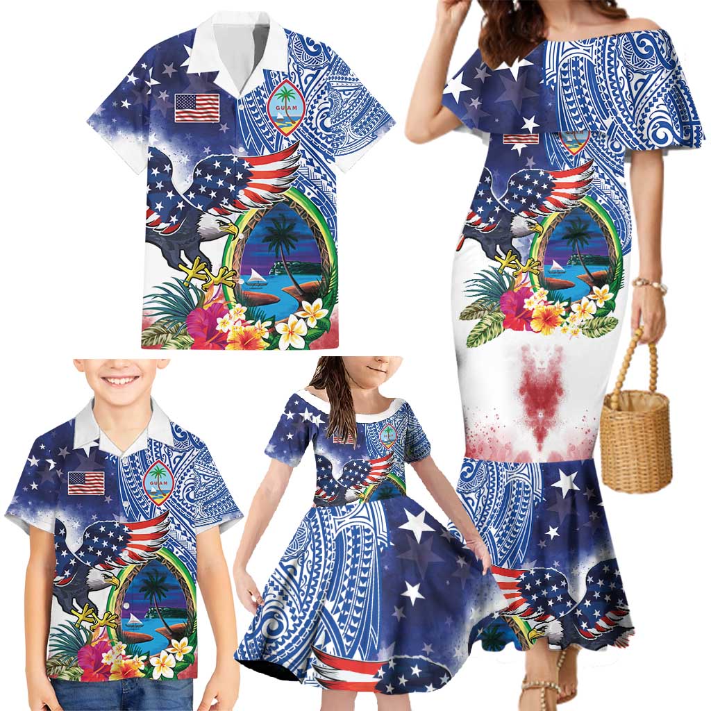 Guam and United States Together Family Matching Mermaid Dress and Hawaiian Shirt Bald Eagle and Guam Seal with Flower and Tribal Tattoos - Polynesian Pride