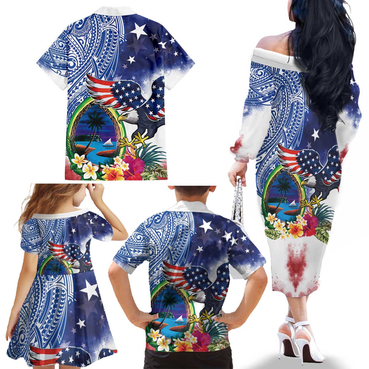 Guam and United States Together Family Matching Off The Shoulder Long Sleeve Dress and Hawaiian Shirt Bald Eagle and Guam Seal with Flower and Tribal Tattoos - Polynesian Pride