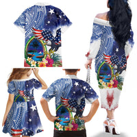 Guam and United States Together Family Matching Off The Shoulder Long Sleeve Dress and Hawaiian Shirt Bald Eagle and Guam Seal with Flower and Tribal Tattoos - Polynesian Pride