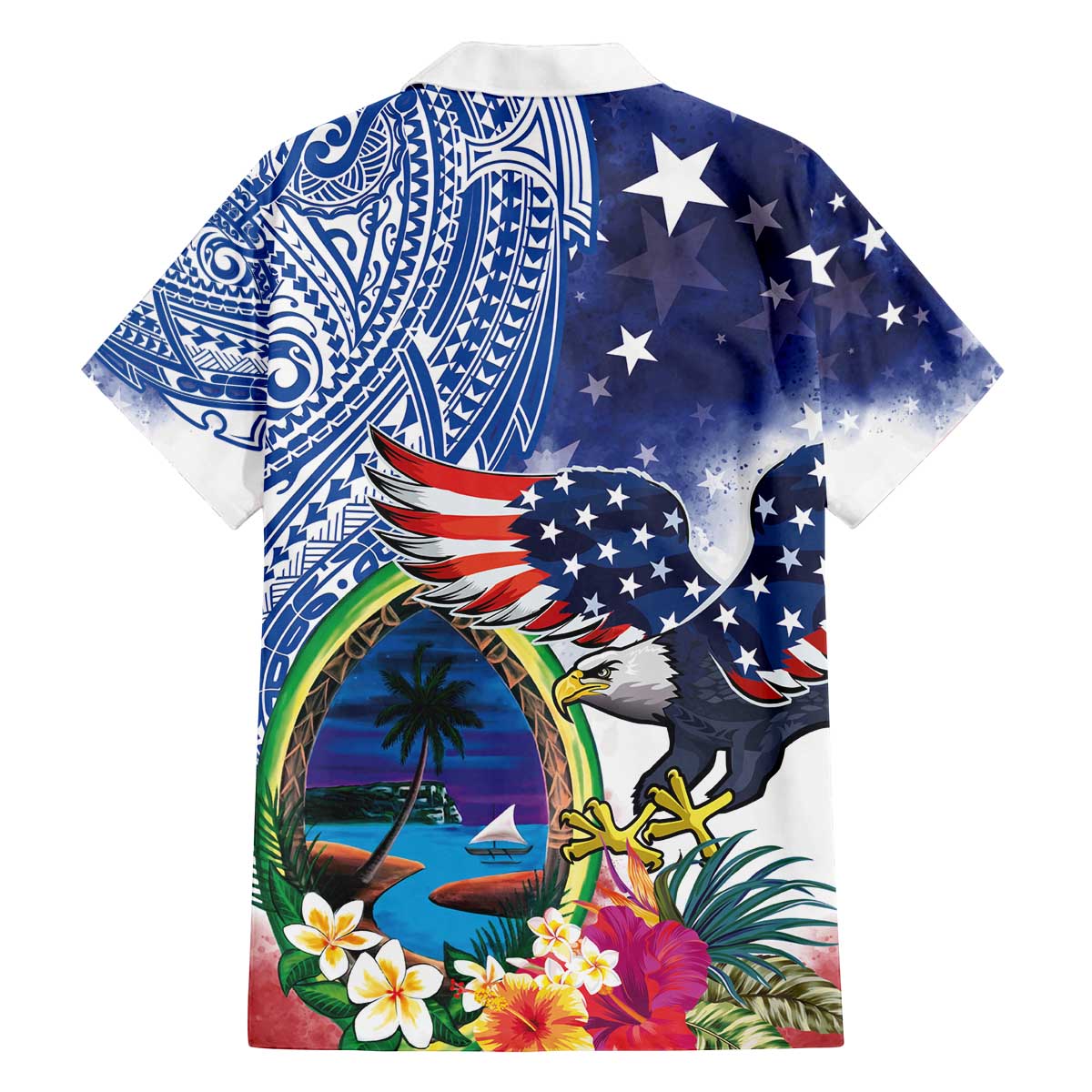 Guam and United States Together Family Matching Off The Shoulder Long Sleeve Dress and Hawaiian Shirt Bald Eagle and Guam Seal with Flower and Tribal Tattoos - Polynesian Pride