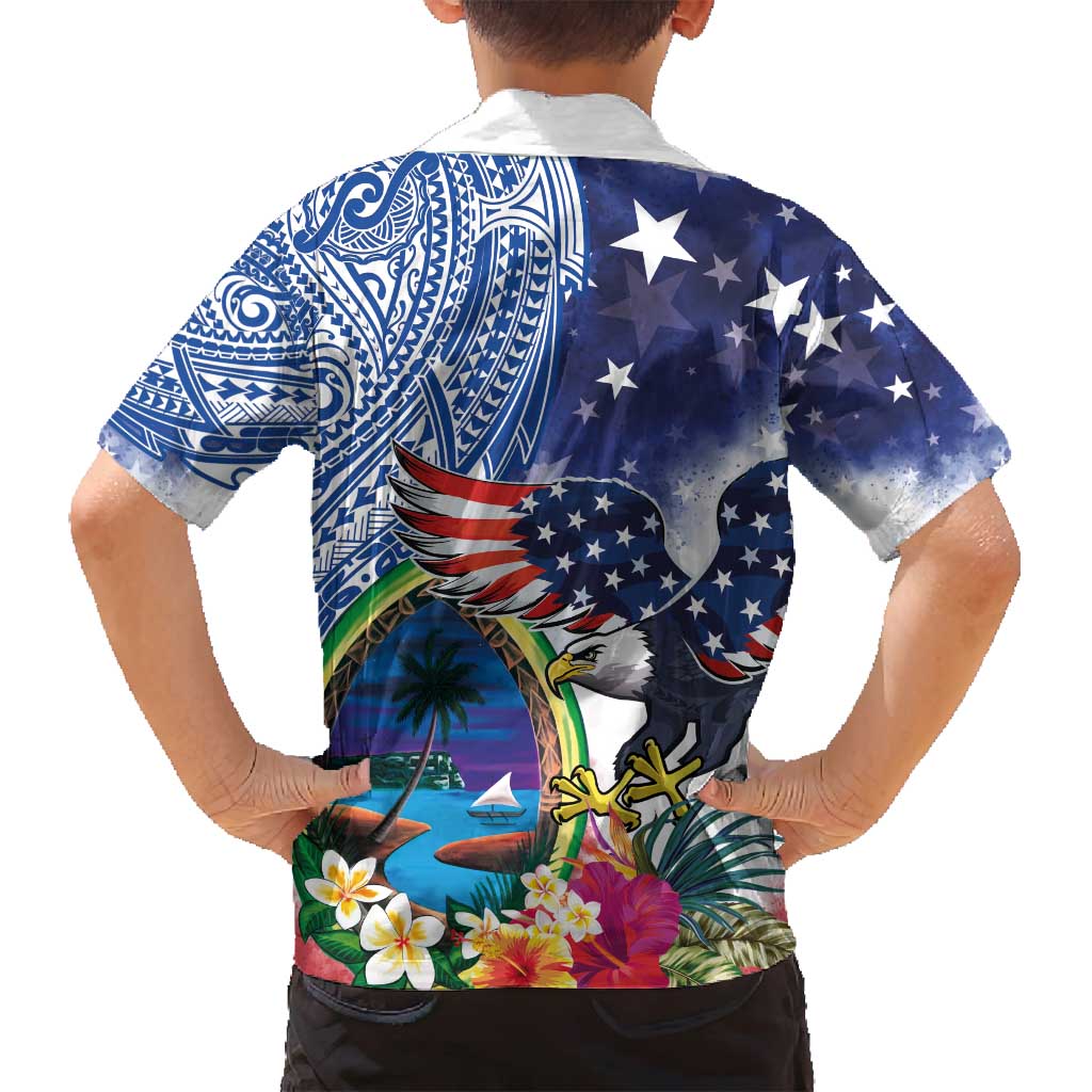 Guam and United States Together Family Matching Off Shoulder Maxi Dress and Hawaiian Shirt Bald Eagle and Guam Seal with Flower and Tribal Tattoos - Polynesian Pride
