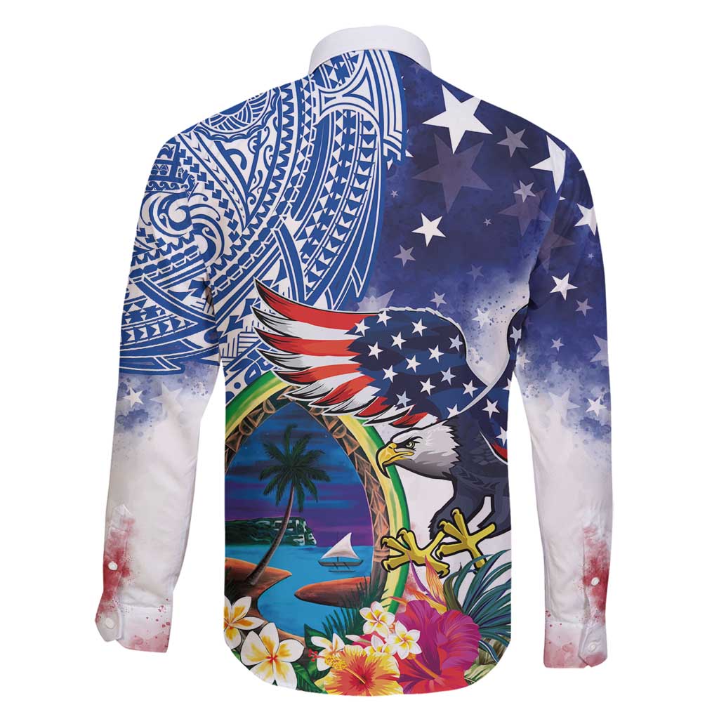 Guam and United States Together Family Matching Off Shoulder Maxi Dress and Hawaiian Shirt Bald Eagle and Guam Seal with Flower and Tribal Tattoos - Polynesian Pride
