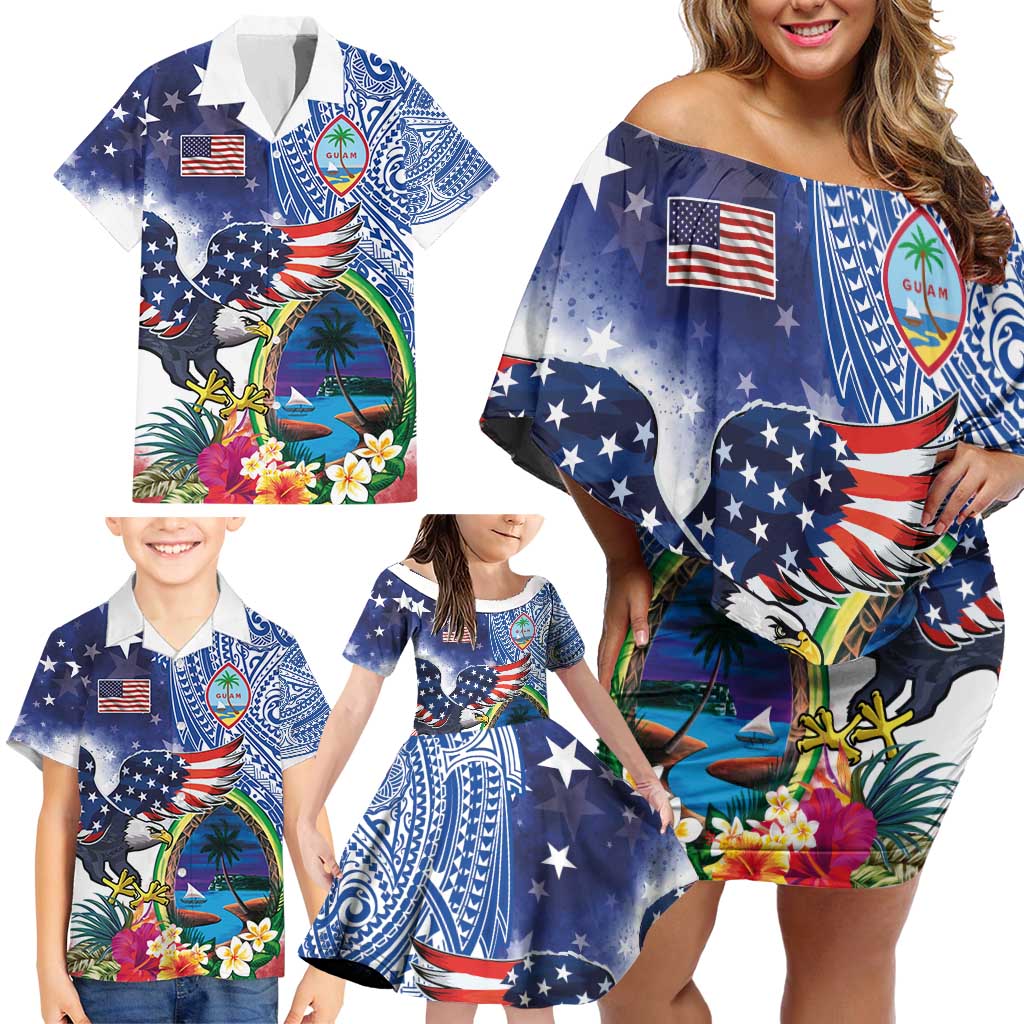 Guam and United States Together Family Matching Off Shoulder Short Dress and Hawaiian Shirt Bald Eagle and Guam Seal with Flower and Tribal Tattoos - Polynesian Pride