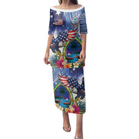 Guam and United States Together Family Matching Puletasi and Hawaiian Shirt Bald Eagle and Guam Seal with Flower and Tribal Tattoos - Polynesian Pride