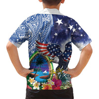 Guam and United States Together Family Matching Short Sleeve Bodycon Dress and Hawaiian Shirt Bald Eagle and Guam Seal with Flower and Tribal Tattoos - Polynesian Pride