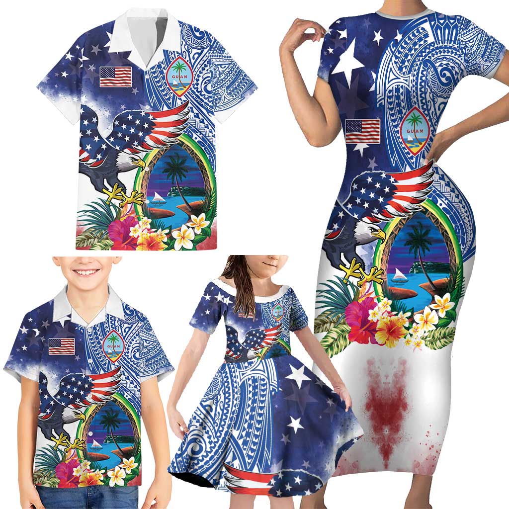 Guam and United States Together Family Matching Short Sleeve Bodycon Dress and Hawaiian Shirt Bald Eagle and Guam Seal with Flower and Tribal Tattoos - Polynesian Pride