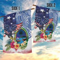 Guam and United States Together Garden Flag Bald Eagle and Guam Seal with Flower and Tribal Tattoos - Polynesian Pride