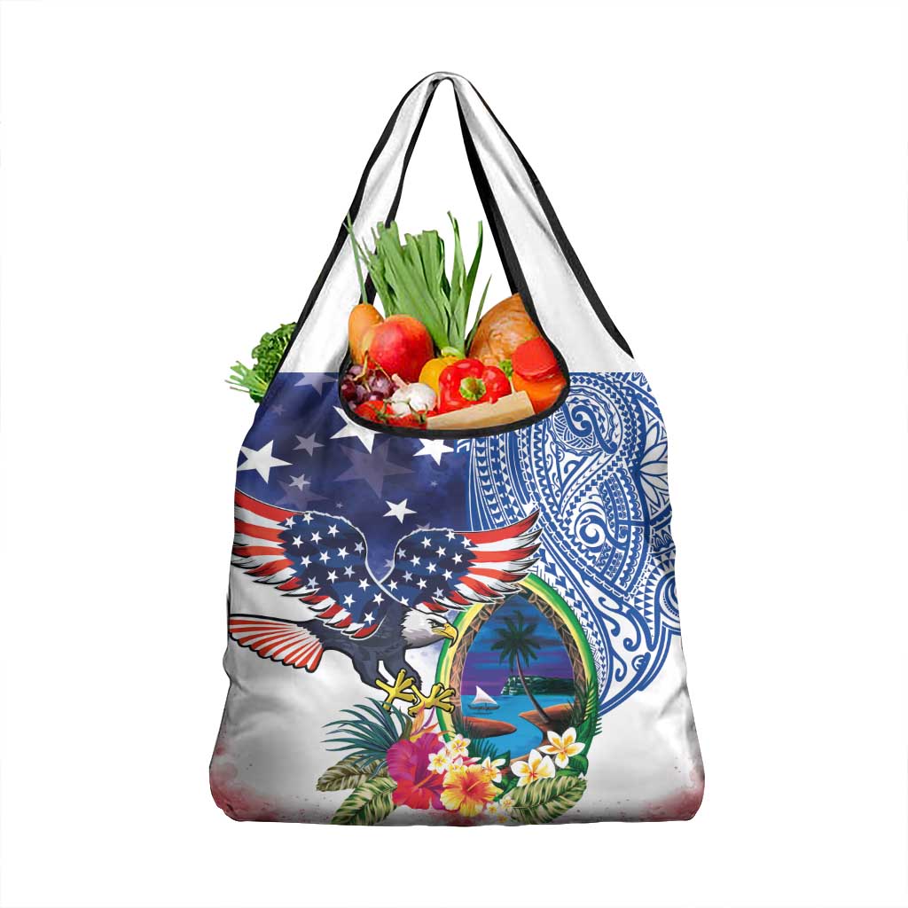 Guam and United States Together Grocery Bag Bald Eagle and Guam Seal with Flower and Tribal Tattoos - Polynesian Pride