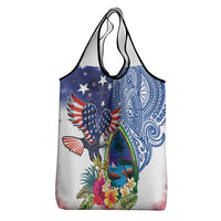 Guam and United States Together Grocery Bag Bald Eagle and Guam Seal with Flower and Tribal Tattoos - Polynesian Pride