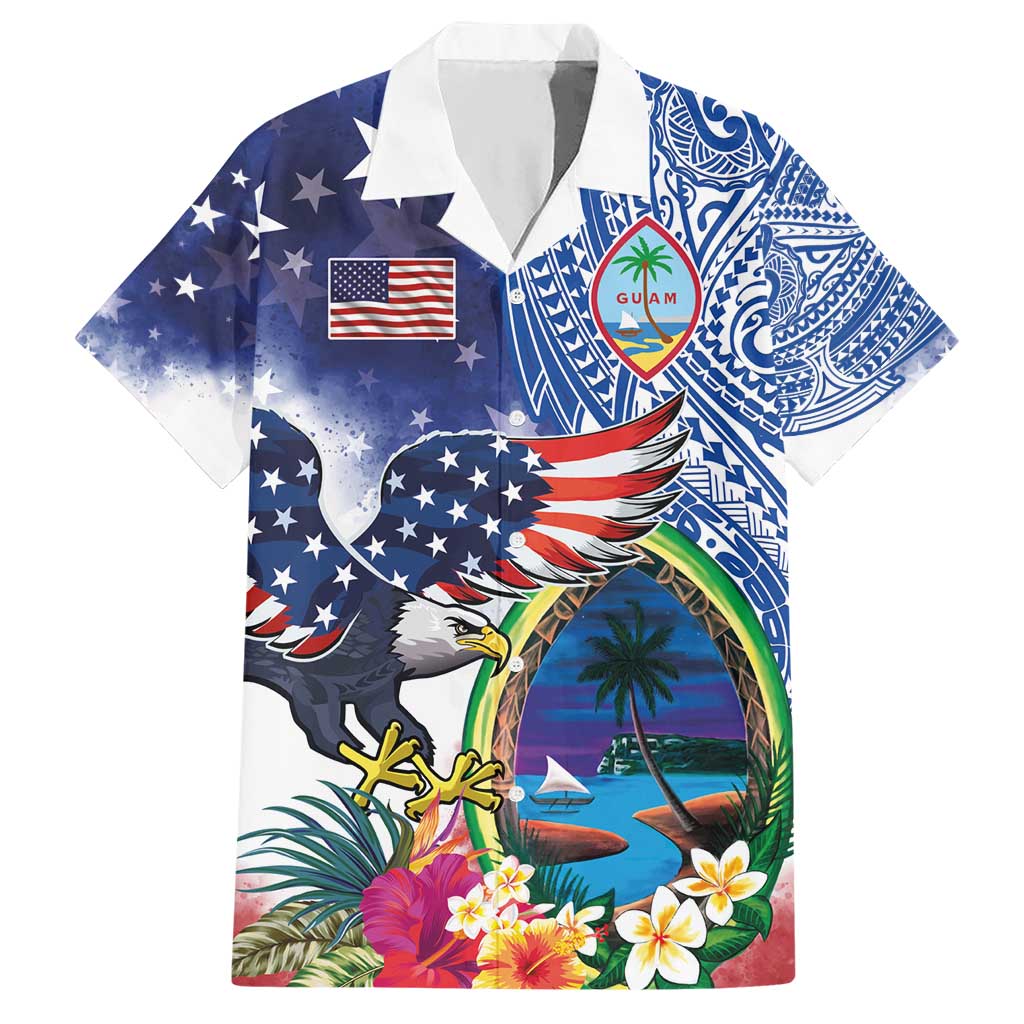 Guam and United States Together Hawaiian Shirt Bald Eagle and Guam Seal with Flower and Tribal Tattoos - Polynesian Pride