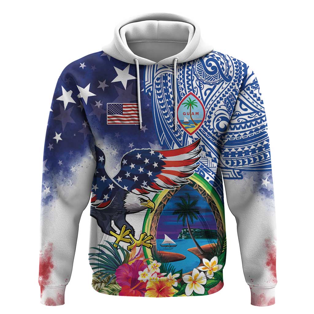 Guam and United States Together Hoodie Bald Eagle and Guam Seal with Flower and Tribal Tattoos - Polynesian Pride