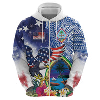 Guam and United States Together Hoodie Bald Eagle and Guam Seal with Flower and Tribal Tattoos - Polynesian Pride