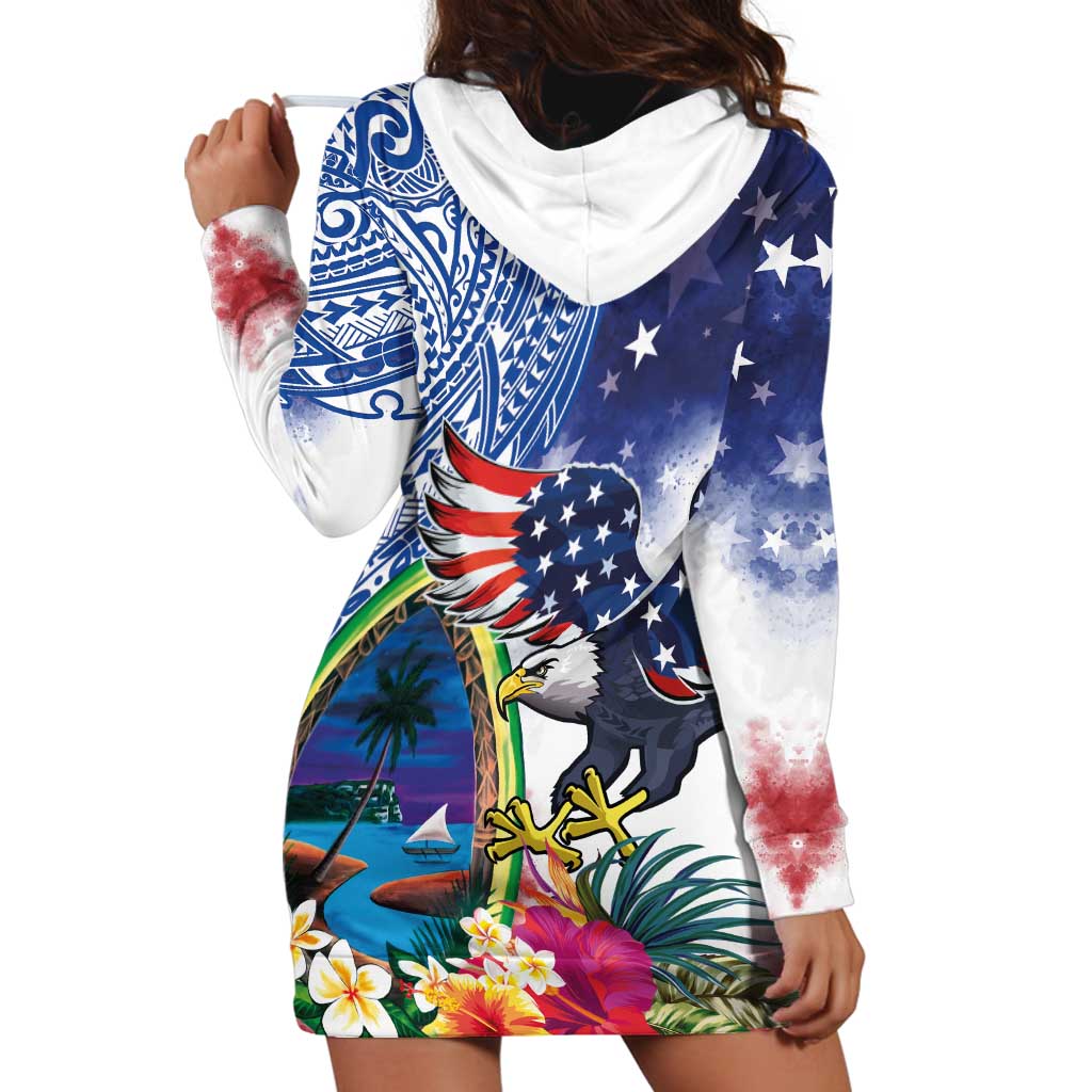 Guam and United States Together Hoodie Dress Bald Eagle and Guam Seal with Flower and Tribal Tattoos - Polynesian Pride