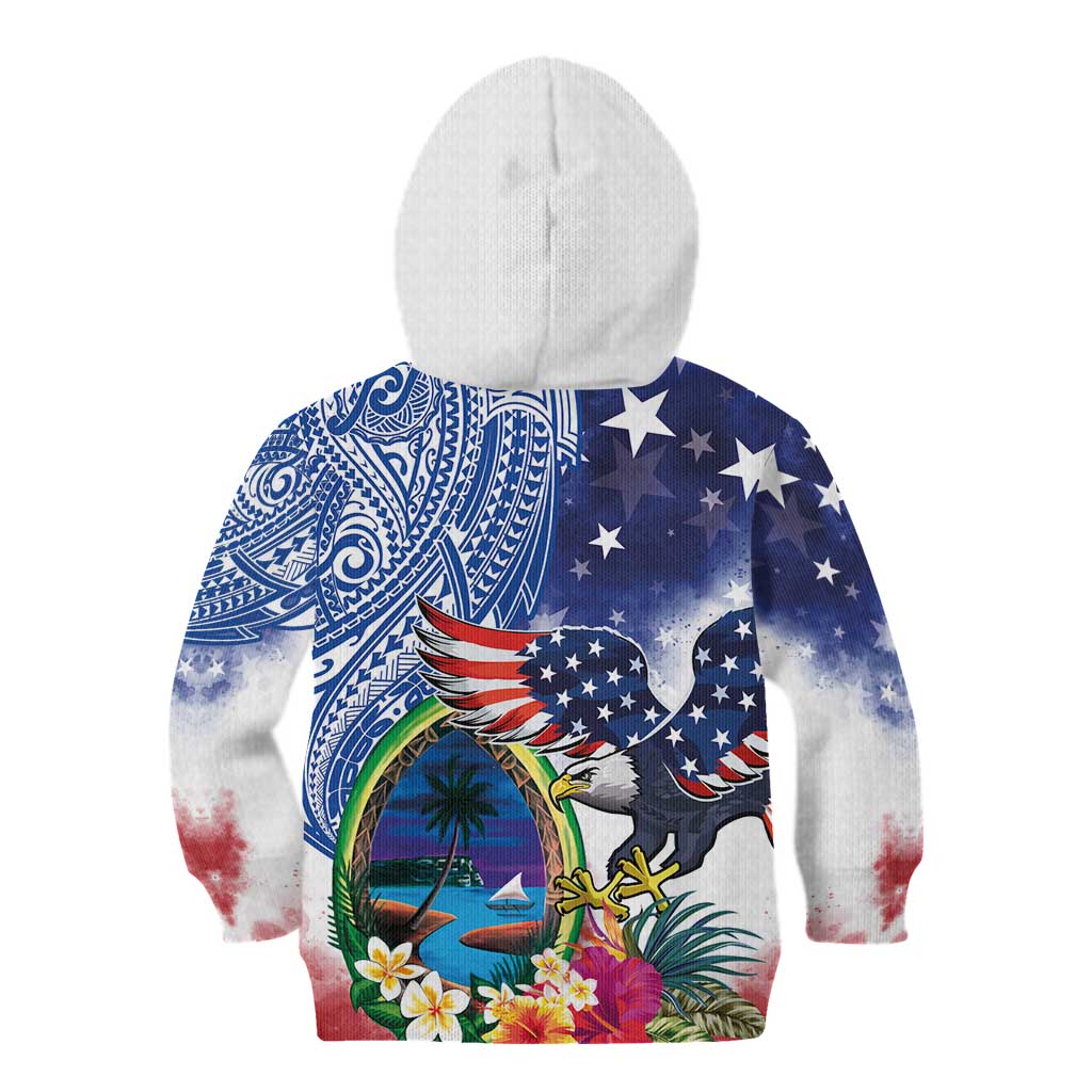 Guam and United States Together Kid Hoodie Bald Eagle and Guam Seal with Flower and Tribal Tattoos - Polynesian Pride