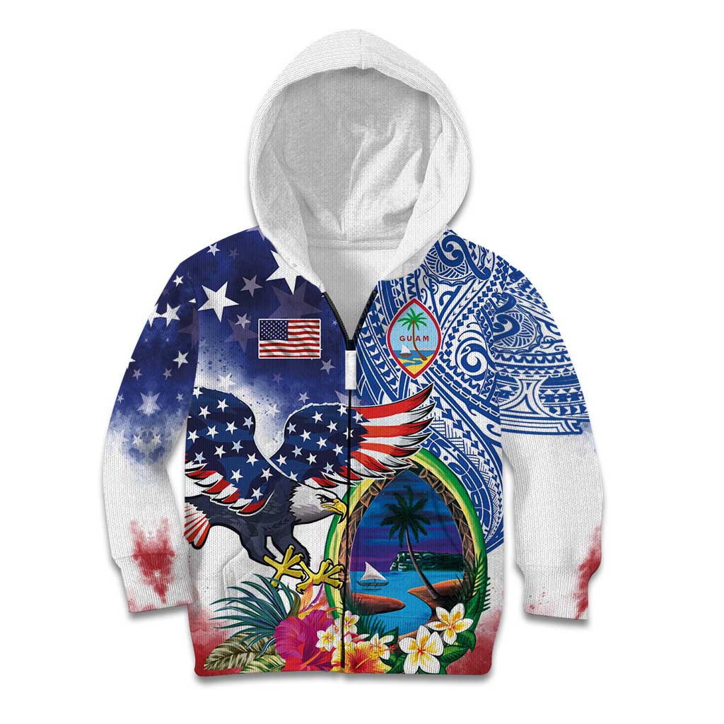 Guam and United States Together Kid Hoodie Bald Eagle and Guam Seal with Flower and Tribal Tattoos - Polynesian Pride