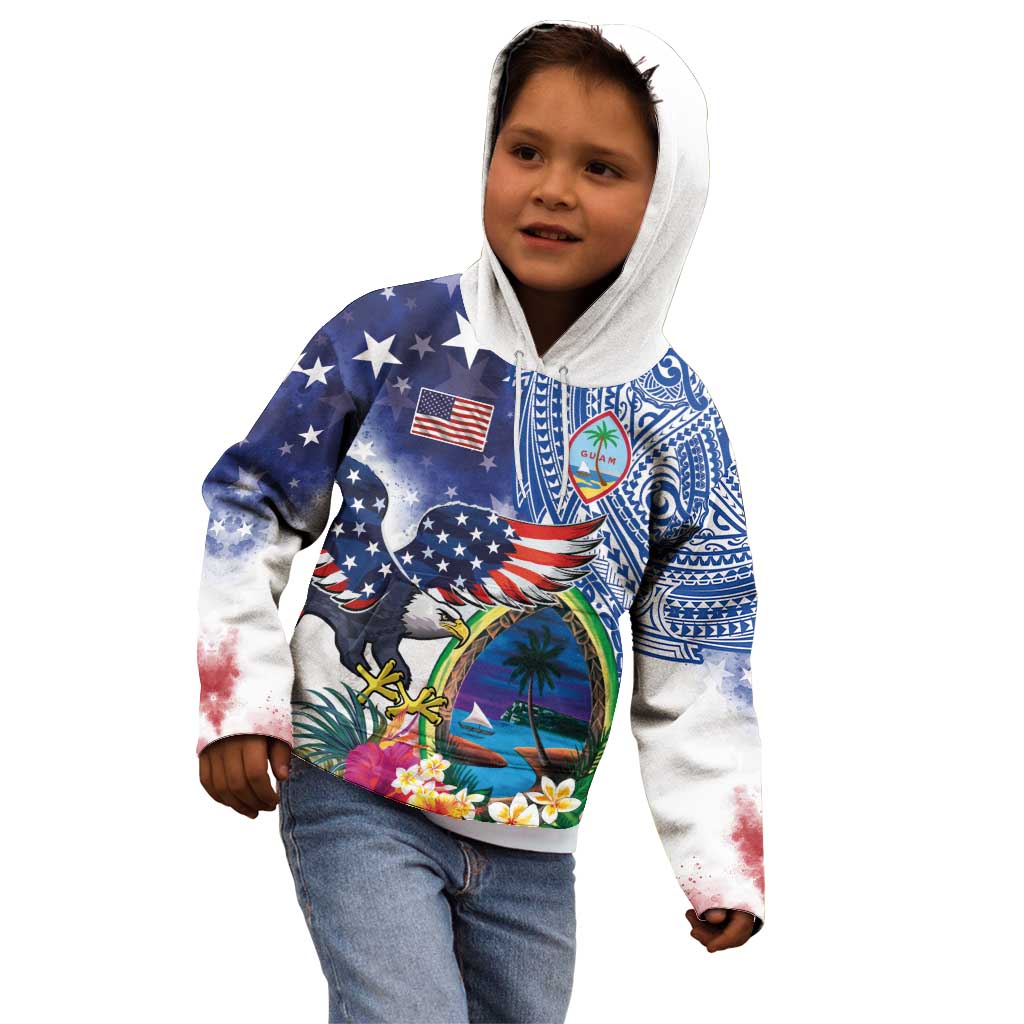 Guam and United States Together Kid Hoodie Bald Eagle and Guam Seal with Flower and Tribal Tattoos - Polynesian Pride