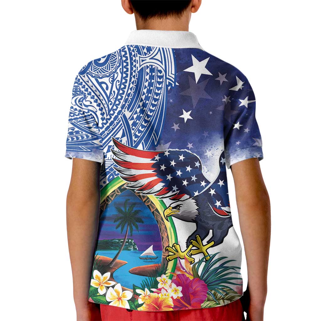Guam and United States Together Kid Polo Shirt Bald Eagle and Guam Seal with Flower and Tribal Tattoos - Polynesian Pride