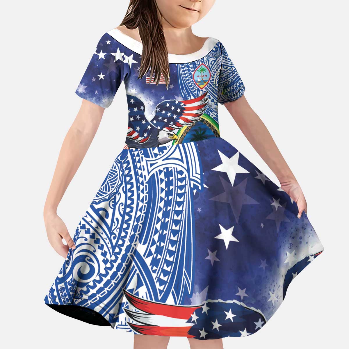 Guam and United States Together Kid Short Sleeve Dress Bald Eagle and Guam Seal with Flower and Tribal Tattoos - Polynesian Pride